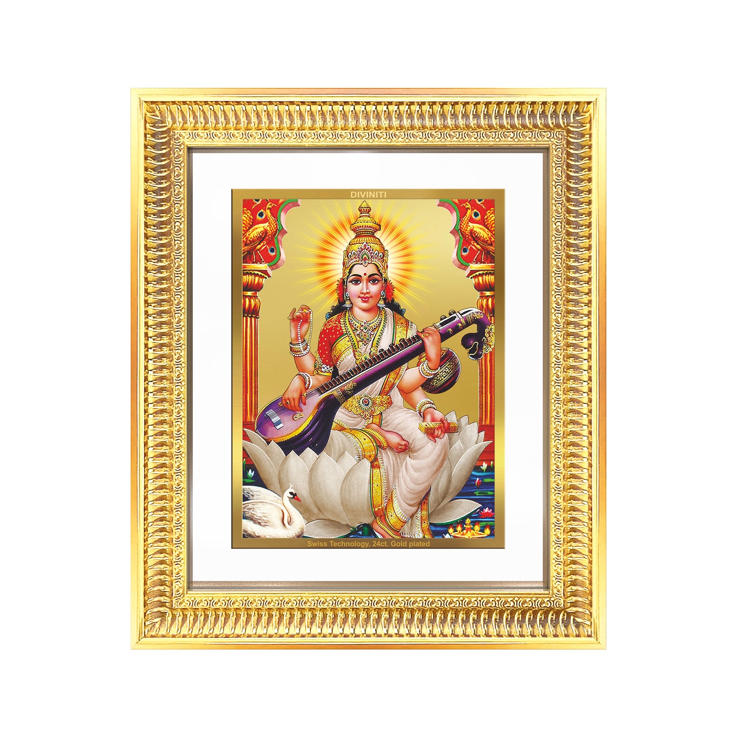 Diviniti 24K Gold Plated Saraswati Mata (Classic) Divine Wall Frame for Home Mandir & Office Decor | Luxury Spiritual Gift