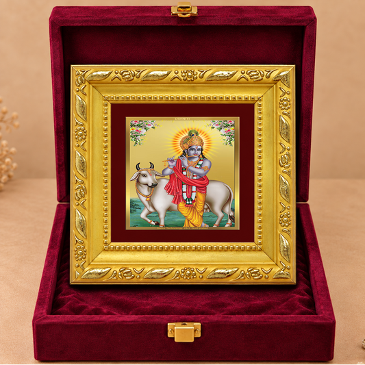 24K Gold-Plated Lord Krishna with Cow Frame | Premium Gift Box | 10x10 CM