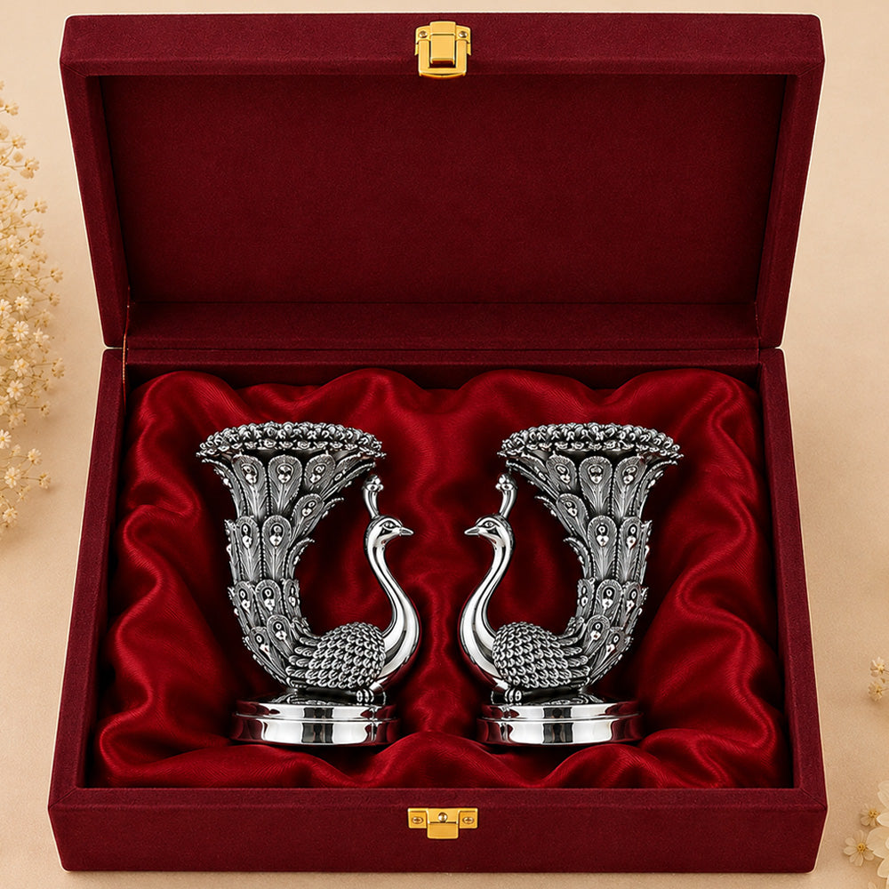 999 Silver-Plated Antique Peacock Candle Holder Pair | Premium Gift Box | 10x8 CM