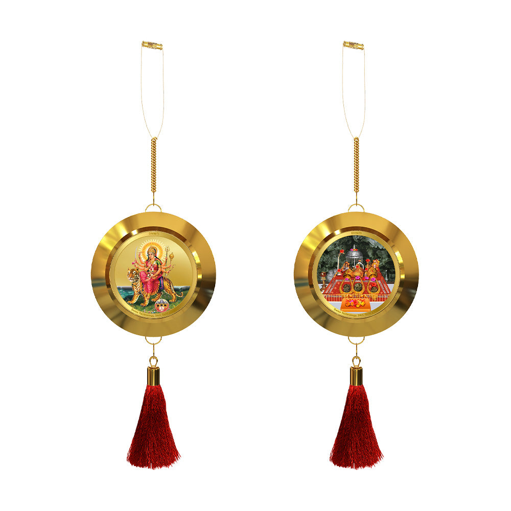 Diviniti 24K Gold Plated Double-Sided Durga & Mata Ka Darbar Car Dangler (5.5 cm) | Divine Hanging Car Decor for Protection, Positive Energy & Spiritual Blessings