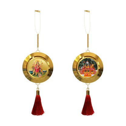 Diviniti 24K Gold Plated Double-Sided Durga & Mata Ka Darbar Car Dangler (5.5 cm) | Divine Hanging Car Decor for Protection, Positive Energy & Spiritual Blessings