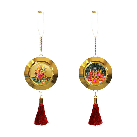 Diviniti 24K Gold Plated Double-Sided Durga & Mata Ka Darbar Car Dangler (5.5 cm) | Divine Hanging Car Decor for Protection, Positive Energy & Spiritual Blessings