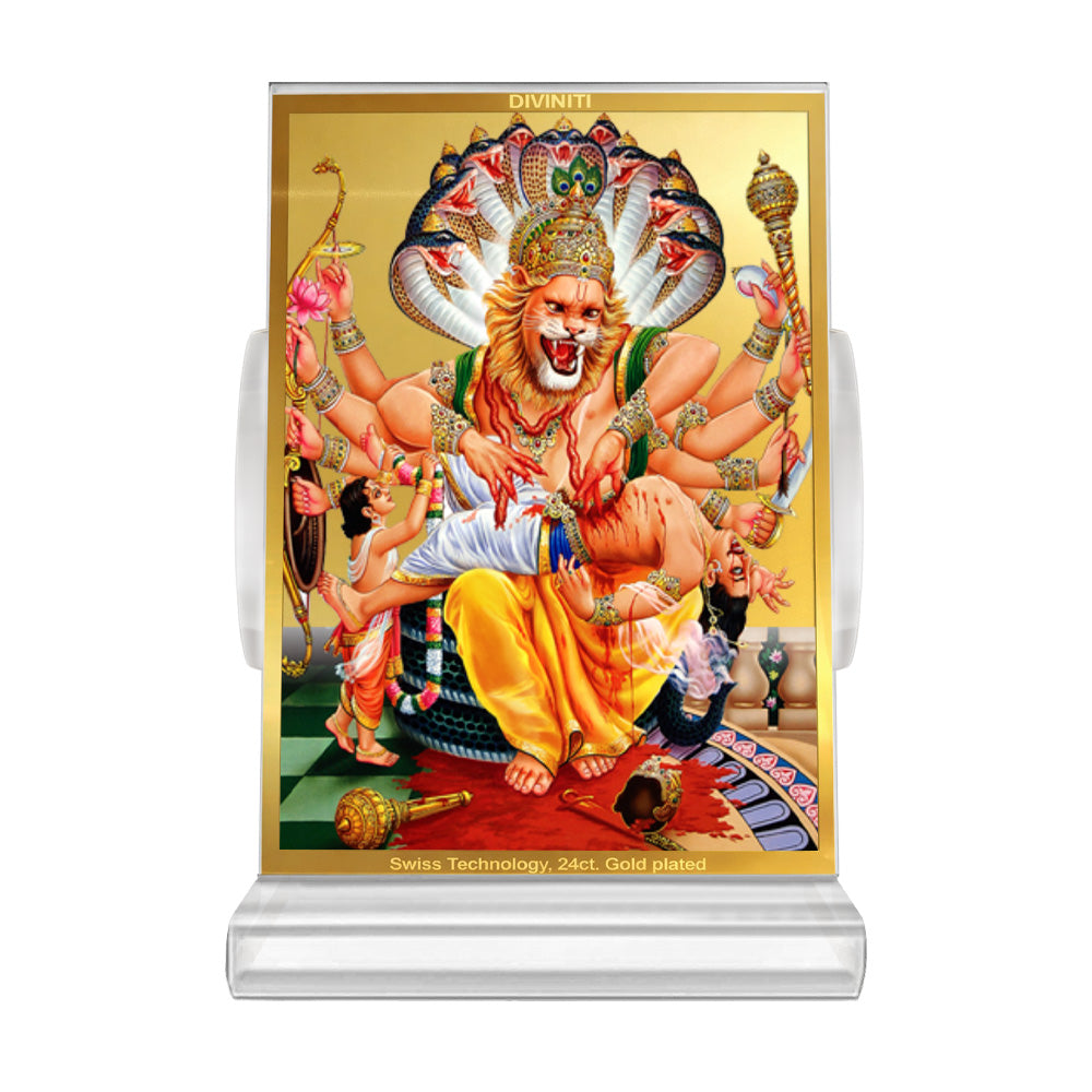 Narasimha | Divine Lord Narasimha Car Dashboard & Tabletop Photo Frame in 24K Gold Plated Foil
