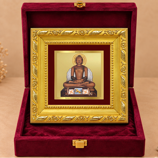 24K Gold-Plated Lord Mahavir Frame | Premium Gift Box | 10x10 CM