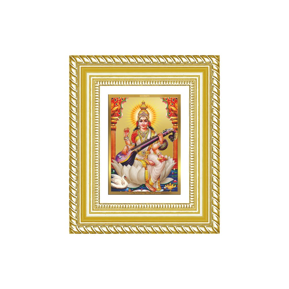 Diviniti 24K Gold Plated Saraswati Mata Divine Table Top Frame for Home Mandir & Office Decor | Luxury Spiritual Gift