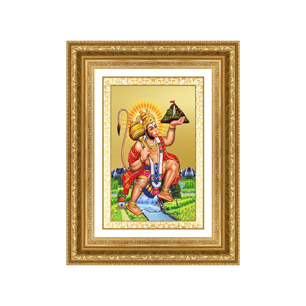Diviniti 24K Gold Plated Hanuman With Mountain (Classic) Divine Wall Frame for Home Mandir & Office Decor | Luxury Spiritual Gift