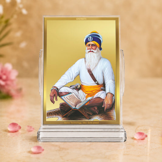 24K Gold-Plated Baba Deep Singh Ji Acrylic Car Dashboard Frame | 11x7 CM