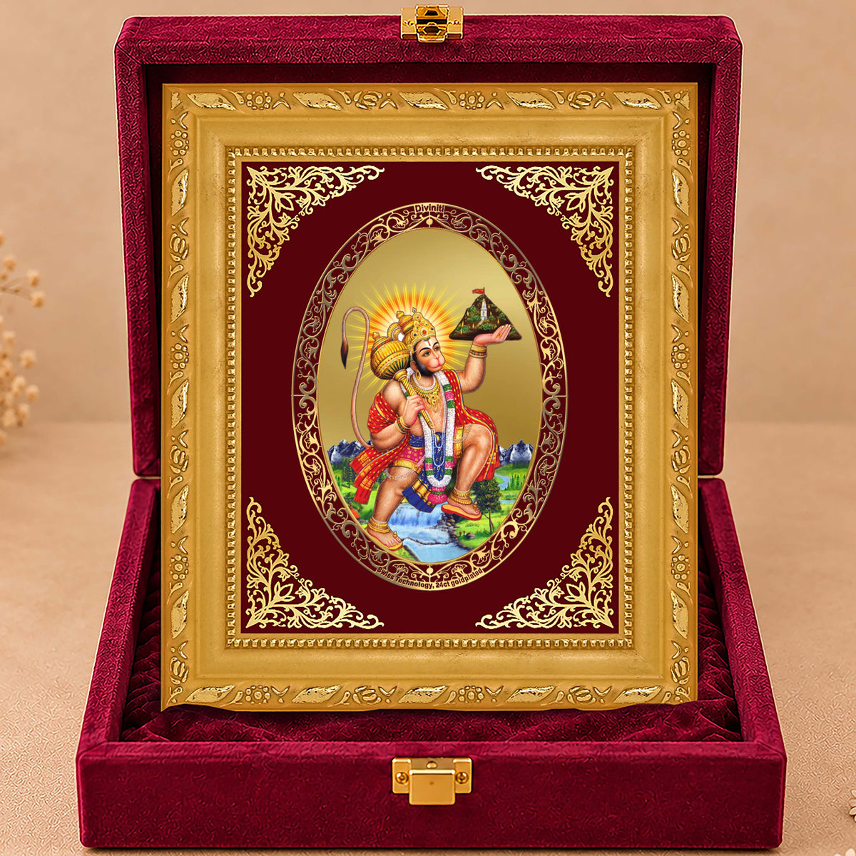 24K Gold-Plated Lord Hanuman with Sanjeevani Mountain Frame | Premium Gift Box | 21.5x17.5 CM