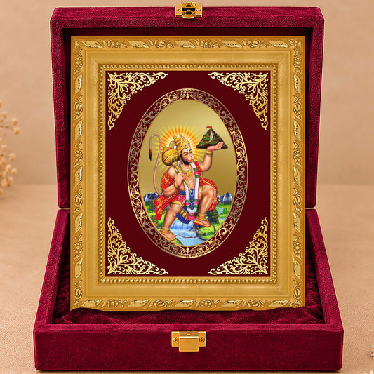 24K Gold-Plated Lord Hanuman with Sanjeevani Mountain Frame | Premium Gift Box | 21.5x17.5 CM