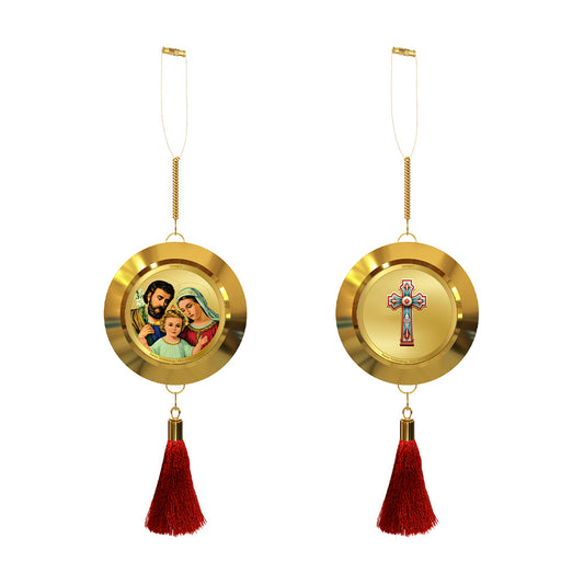 Diviniti 24K Gold Plated Double-Sided Holy Family & Holy Cross Car Dangler (5.5 cm) | Divine Hanging Car Decor for Protection, Positive Energy & Spiritual Blessings