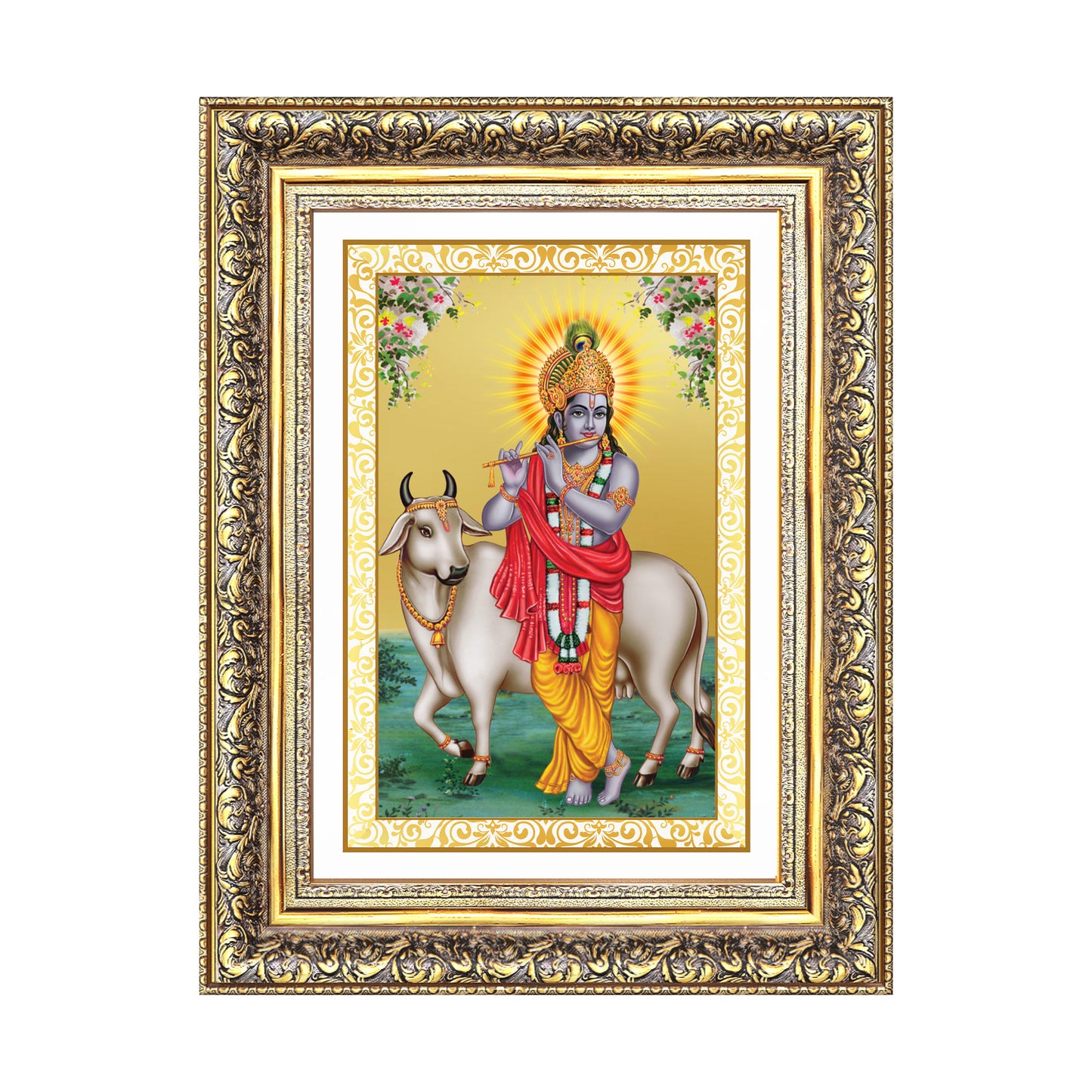 Diviniti 24K Gold Plated Krishna With Surbhi Cow (Classic) Divine Wall Frame for Home Mandir & Office Decor | Luxury Spiritual Gift