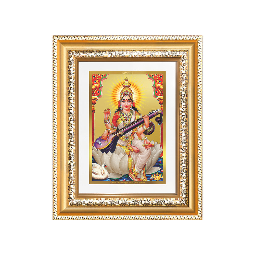 Diviniti 24K Gold Plated Saraswati Mata (Classic) Divine Wall and Table Top Frame for Home Mandir & Office Decor | Luxury Spiritual Gift