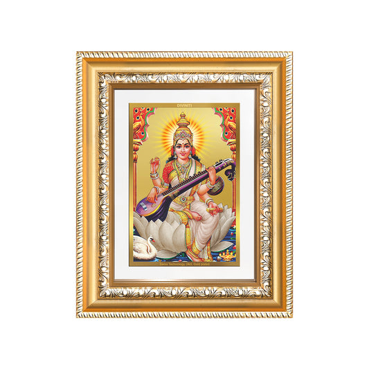 Diviniti 24K Gold Plated Saraswati Mata (Classic) Divine Wall and Table Top Frame for Home Mandir & Office Decor | Luxury Spiritual Gift