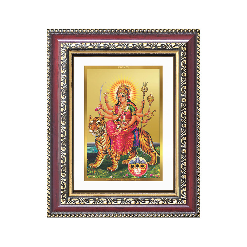 Diviniti 24K Gold Plated Durga - Sherawali Mata With Pind (Classic) Divine Wall and Table Top Frame for Home Mandir & Office Decor | Luxury Spiritual Gift