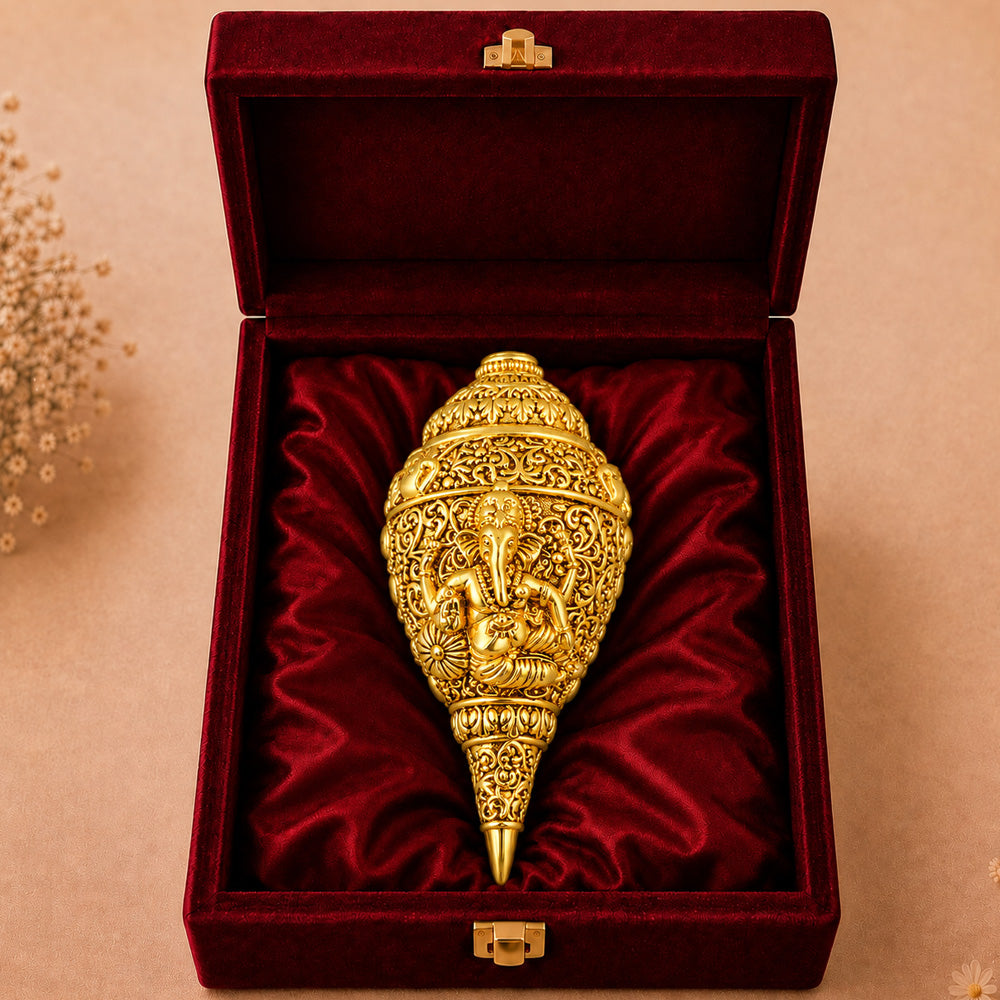 24K Gold-Plated Ganesha Shankh | Premium Gift Box | 12x6 CM