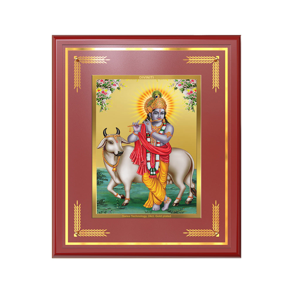 Lord Krishna with Surbhi Cow | Divine Wall Mount Photo Frame in 24K Gold Plated Foil