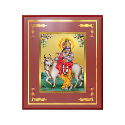 Lord Krishna with Surbhi Cow | Divine Wall Mount Photo Frame in 24K Gold Plated Foil