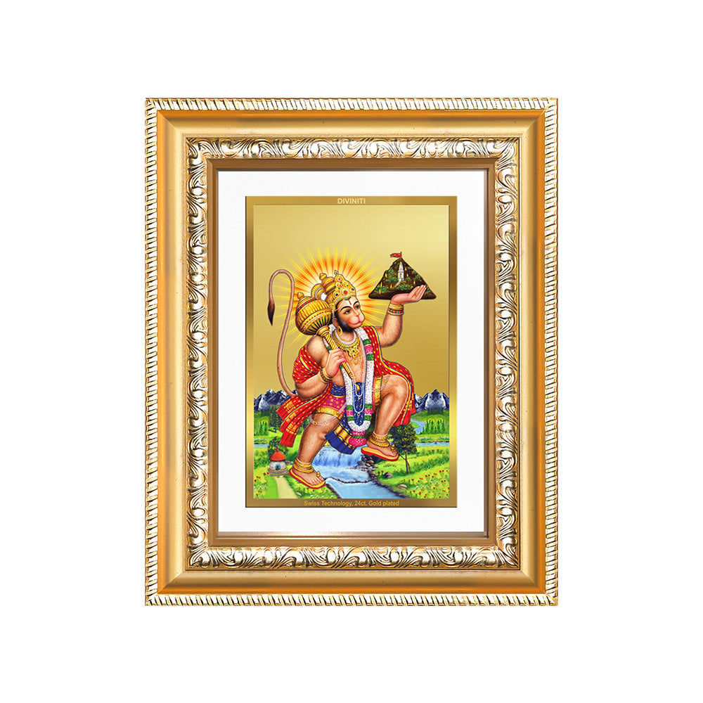 Diviniti 24K Gold Plated Hanuman With Mountain (Classic) Divine Wall and Table Top Frame for Home Mandir & Office Decor | Luxury Spiritual Gift