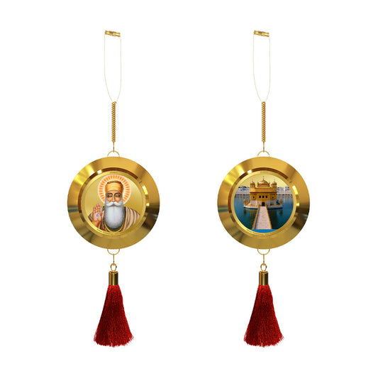 Diviniti 24K Gold Plated Double-Sided Guru Nanak Dev Ji & Golden Temple Car Dangler (5.5 cm) | Divine Hanging Car Decor for Protection, Positive Energy & Spiritual Blessings
