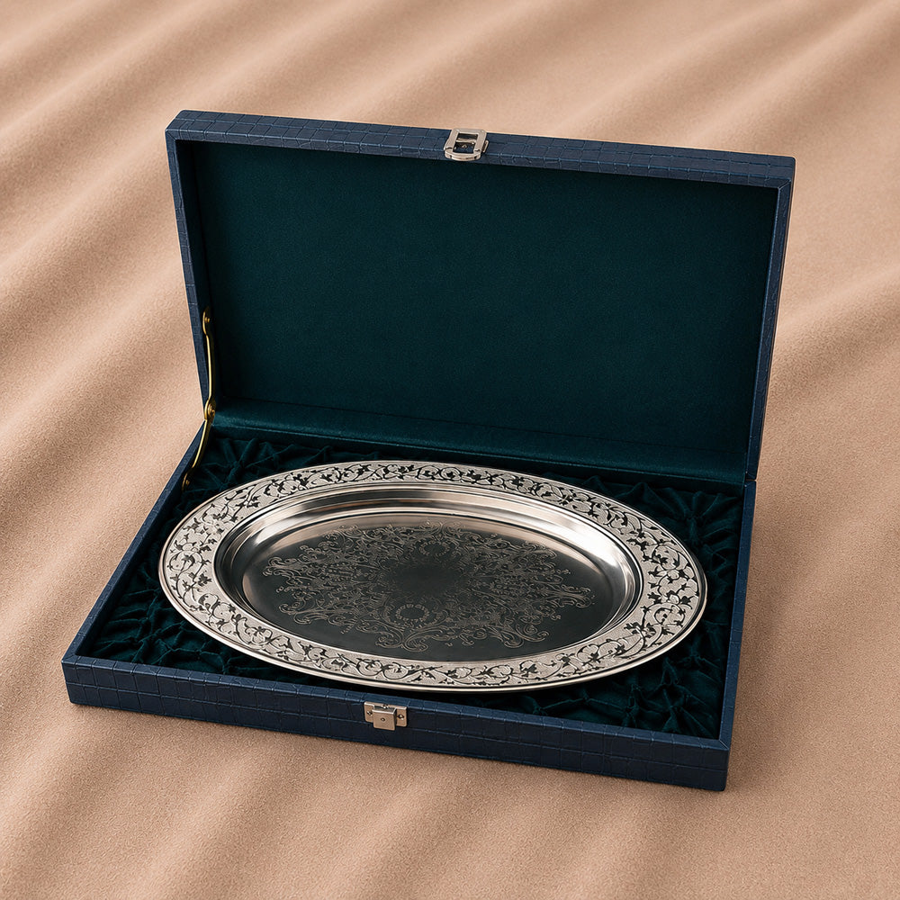 Diviniti Silver-Plated Oval Decorative Tray with White Enamel Accents | Luxury Serving Platter for Dry Fruits, Sweets & Premium Gifting