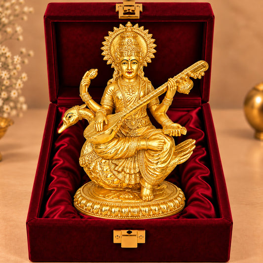 24K Gold-Plated Goddess Saraswati Idol | Premium Gift Box | 21x18 CM