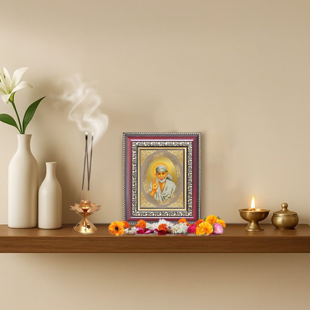 Sai Baba Blessing Form (Abhaya Mudra) Divine Shirdi Sacred Faith Royal Tabletop Frame in 24K Gold Plated Foil