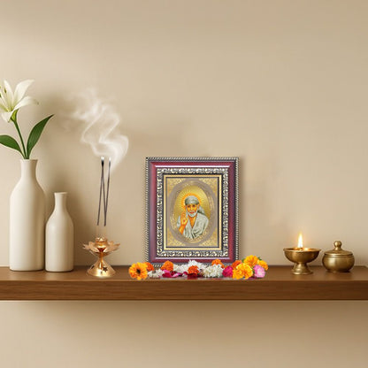 Sai Baba Blessing Form (Abhaya Mudra) Divine Shirdi Sacred Faith Royal Tabletop Frame in 24K Gold Plated Foil