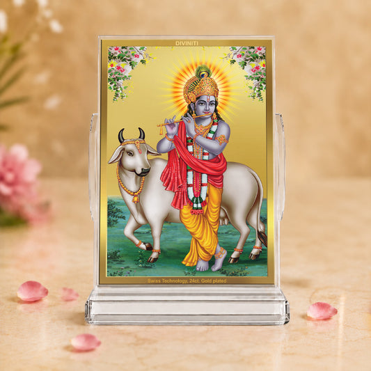 24K Gold-Plated Krishna with Surbhi Cow Acrylic Car Dashboard Frame | 11x7 CM