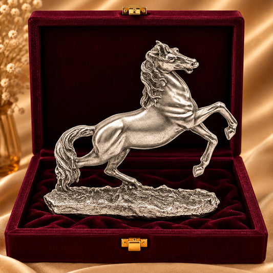 999 Antique Silver-Plated Jumping Horse Idol | Premium Gift Box | 17x22 CM