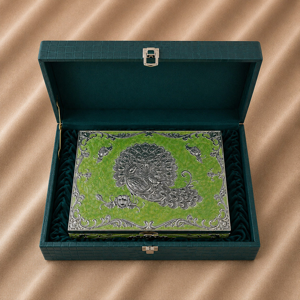 Diviniti German Silver Peacock Decorative Box 4-in-1 | Elegant Green Enamel Multipurpose Box with Luxury Gift Box