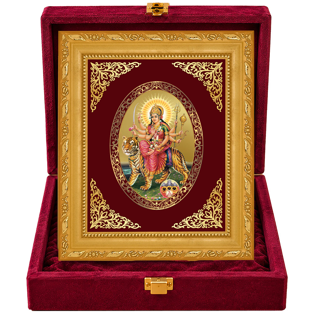 24K Gold-Plated Durga Sherawali Mata with Pindi Frame | Premium Gift Box | 16x13.5 CM