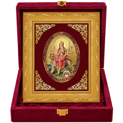 24K Gold-Plated Durga Sherawali Mata with Pindi Frame | Premium Gift Box | 16x13.5 CM