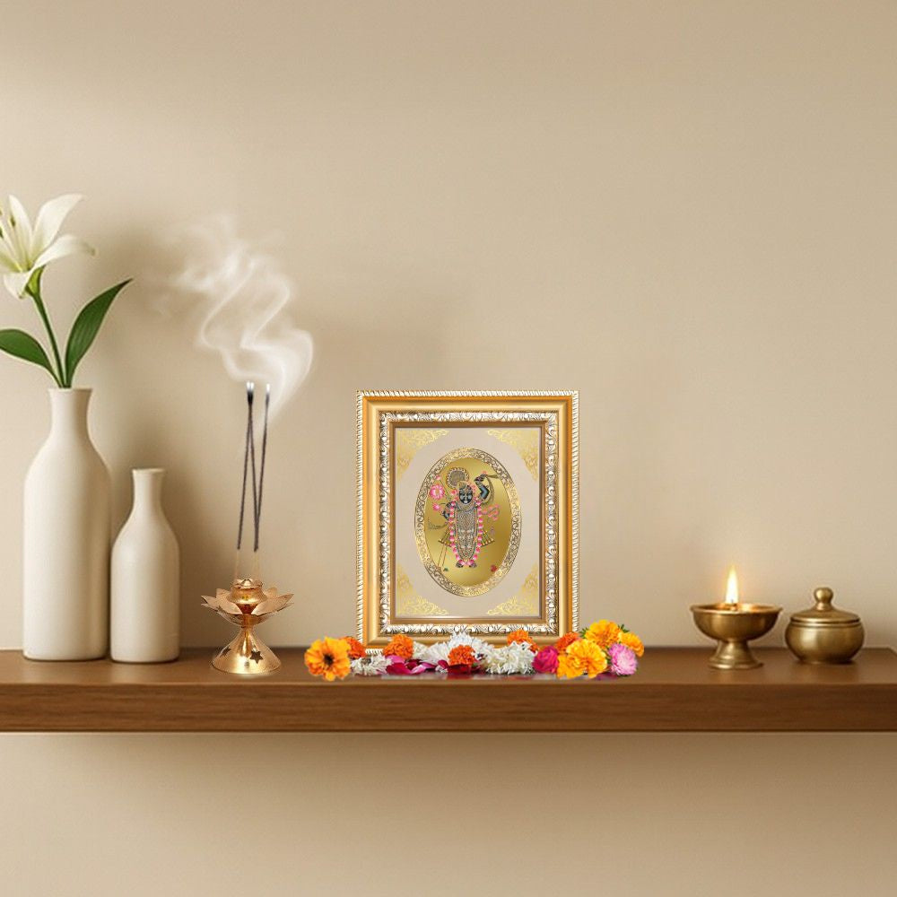 Shrinath Ji Divine Nathdwara Krishna Sacred Seva & Blessings Royal Tabletop Frame in 24K Gold Plated Foil
