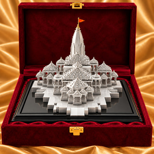 999 Silver-Plated Ram Mandir Showpiece | Premium Gift Box | 7x14 CM