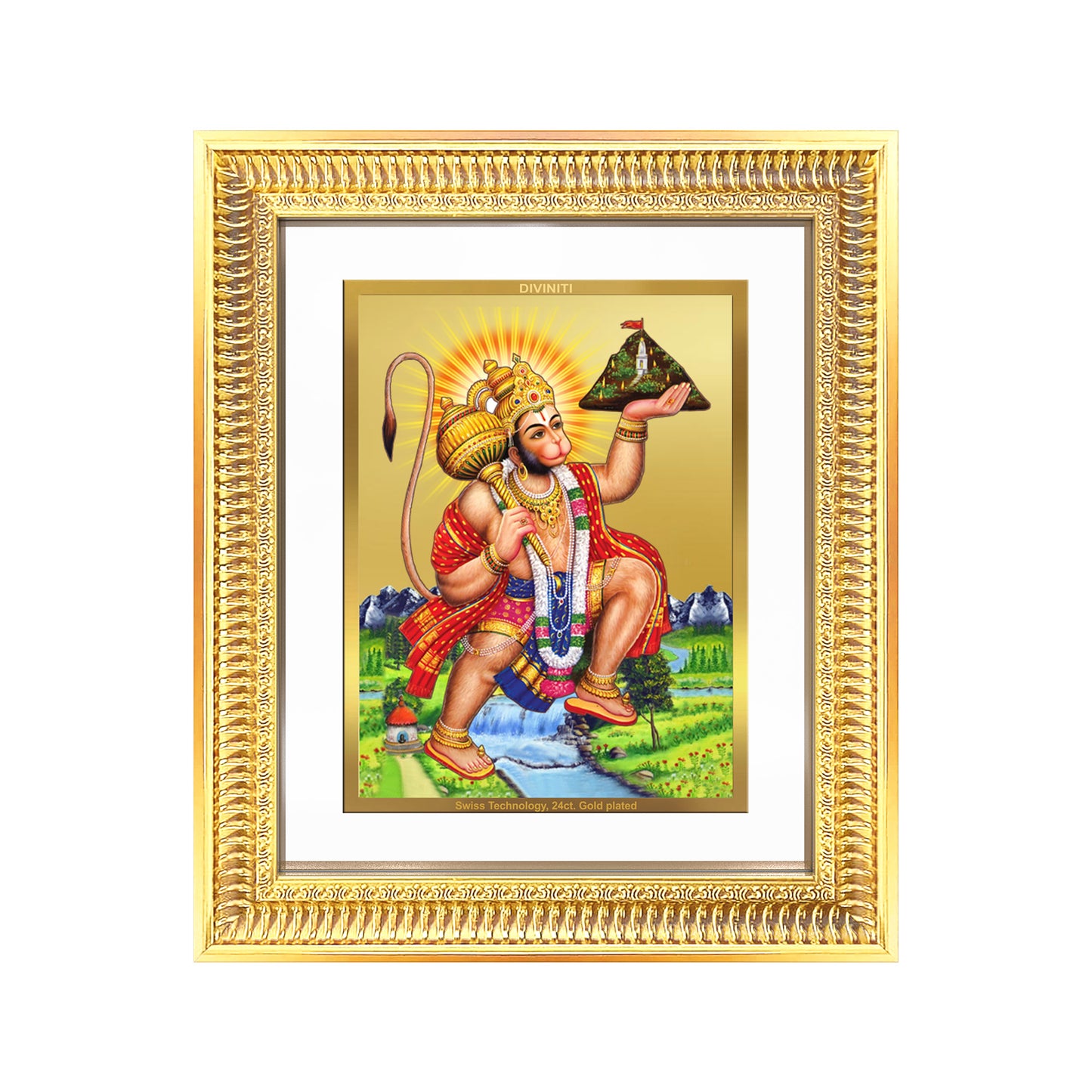 Diviniti 24K Gold Plated Hanuman With Mountain (Classic) Divine Wall Frame for Home Mandir & Office Decor | Luxury Spiritual Gift