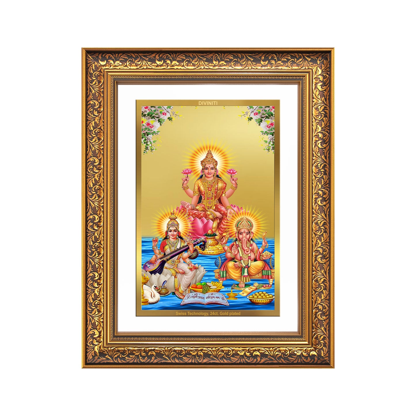Goddess Lakshmi, Saraswati & Lord Ganesha | Divine Trio Wall Mount Photo Frame in 24K Gold Plated Foil
