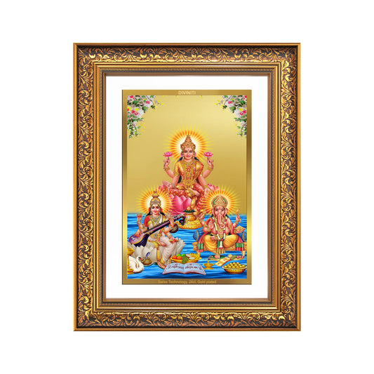 Goddess Lakshmi, Saraswati & Lord Ganesha | Divine Trio Wall Mount Photo Frame in 24K Gold Plated Foil