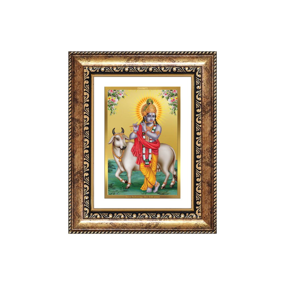 Diviniti 24K Gold Plated Krishna With Surbhi Cow (Classic) Divine Wall and Table Top Frame for Home Mandir & Office Decor | Luxury Spiritual Gift
