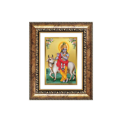 Diviniti 24K Gold Plated Krishna With Surbhi Cow (Classic) Divine Wall and Table Top Frame for Home Mandir & Office Decor | Luxury Spiritual Gift