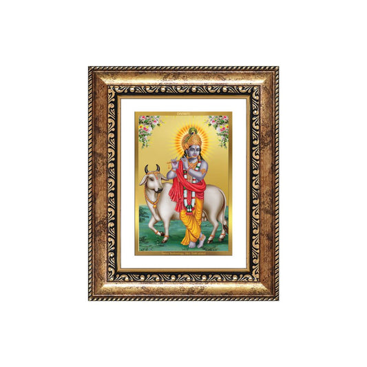 Diviniti 24K Gold Plated Krishna With Surbhi Cow (Classic) Divine Wall and Table Top Frame for Home Mandir & Office Decor | Luxury Spiritual Gift