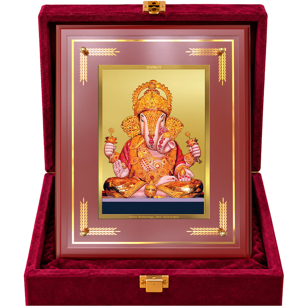 24K Gold-Plated Dagadu Ganesha MDF Frame | Premium Gift Box | 27x35 CM