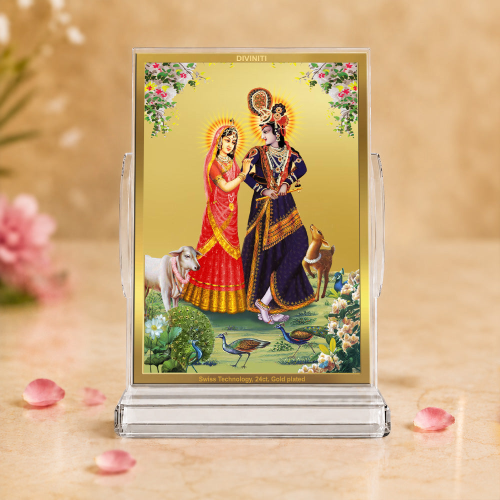 24K Gold-Plated Radha Krishna with Cow Acrylic Car Dashboard Frame | 11x7 CM