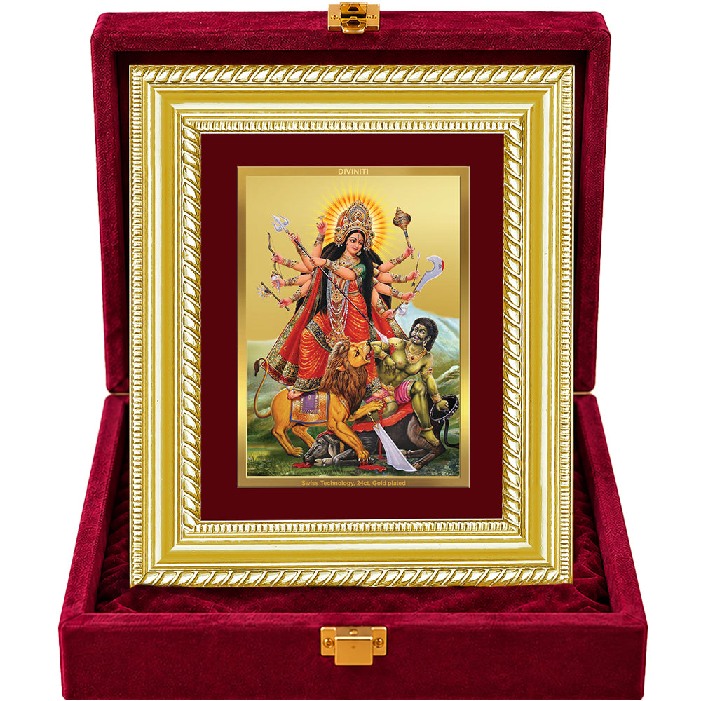 24K Gold-Plated Durga Mahishasura Mardini Frame | Premium Gift Box | 21.5x17.5 CM