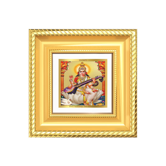 Diviniti Goddess Saraswati Mata Tabletop Photo Frame in 24K Gold Plated Foil | Knowledge, Wisdom & Divine Inspiration | DG015S1A (10x10 CM)