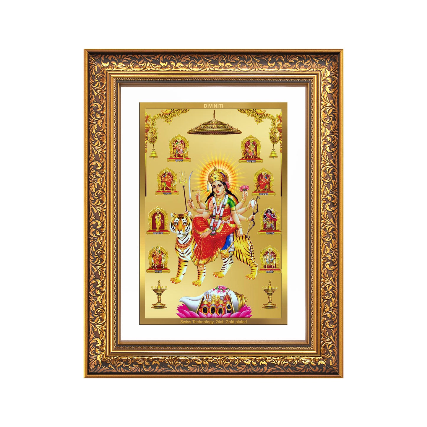 Diviniti 24K Gold Plated Nav Durga (Classic) Divine Wall Frame for Home Mandir & Office Decor | Luxury Spiritual Gift