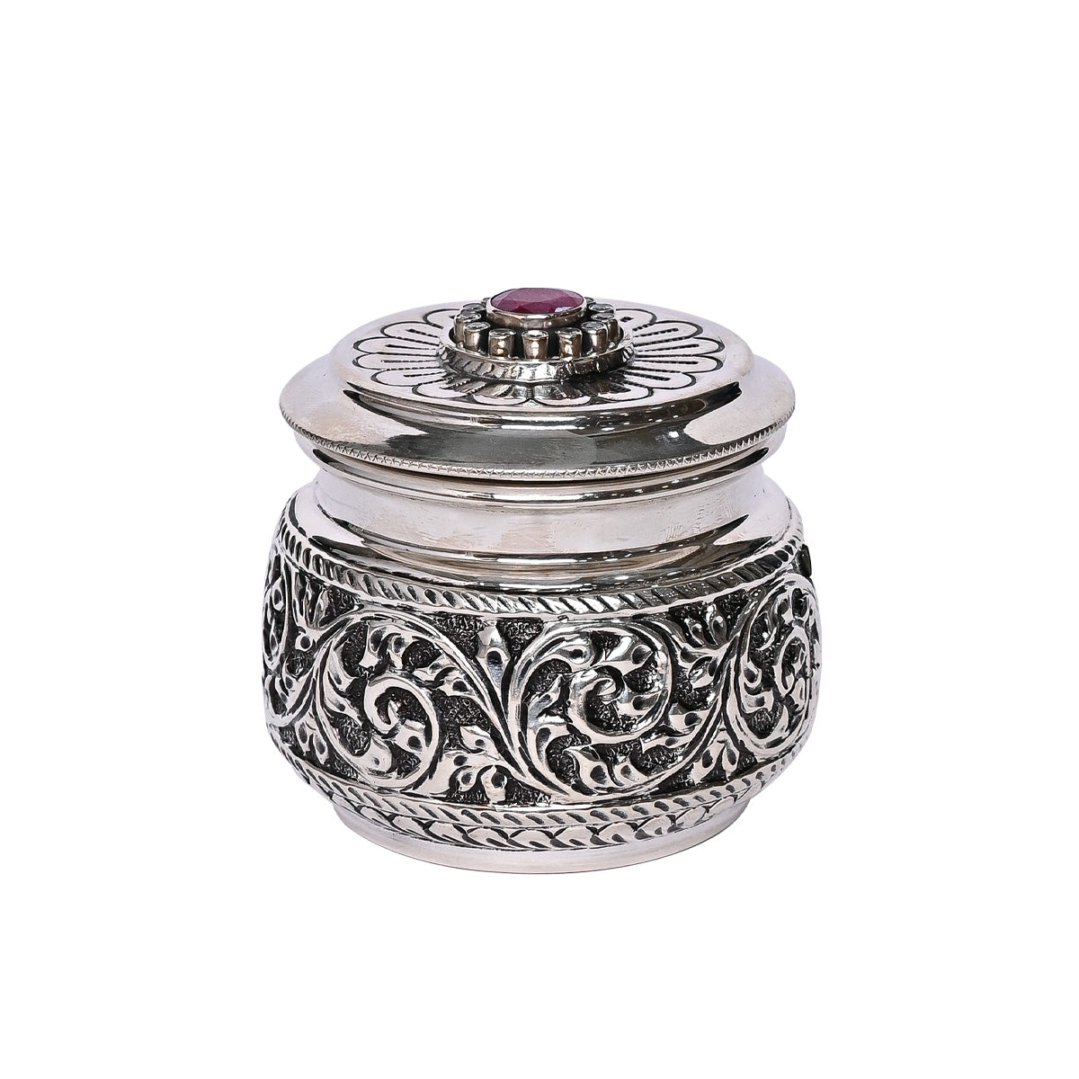 Pure Silver Serenity Box Red Eye Studded, Antique Vintage Design, Handcrafted Jewelry Storage (8x6x7 cm, 136g,)