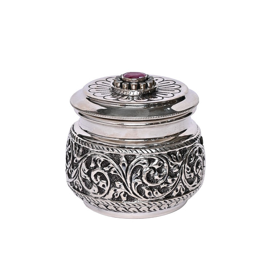 Pure Silver Serenity Box Red Eye Studded, Antique Vintage Design, Handcrafted Jewelry Storage (8x6x7 cm, 136g,)