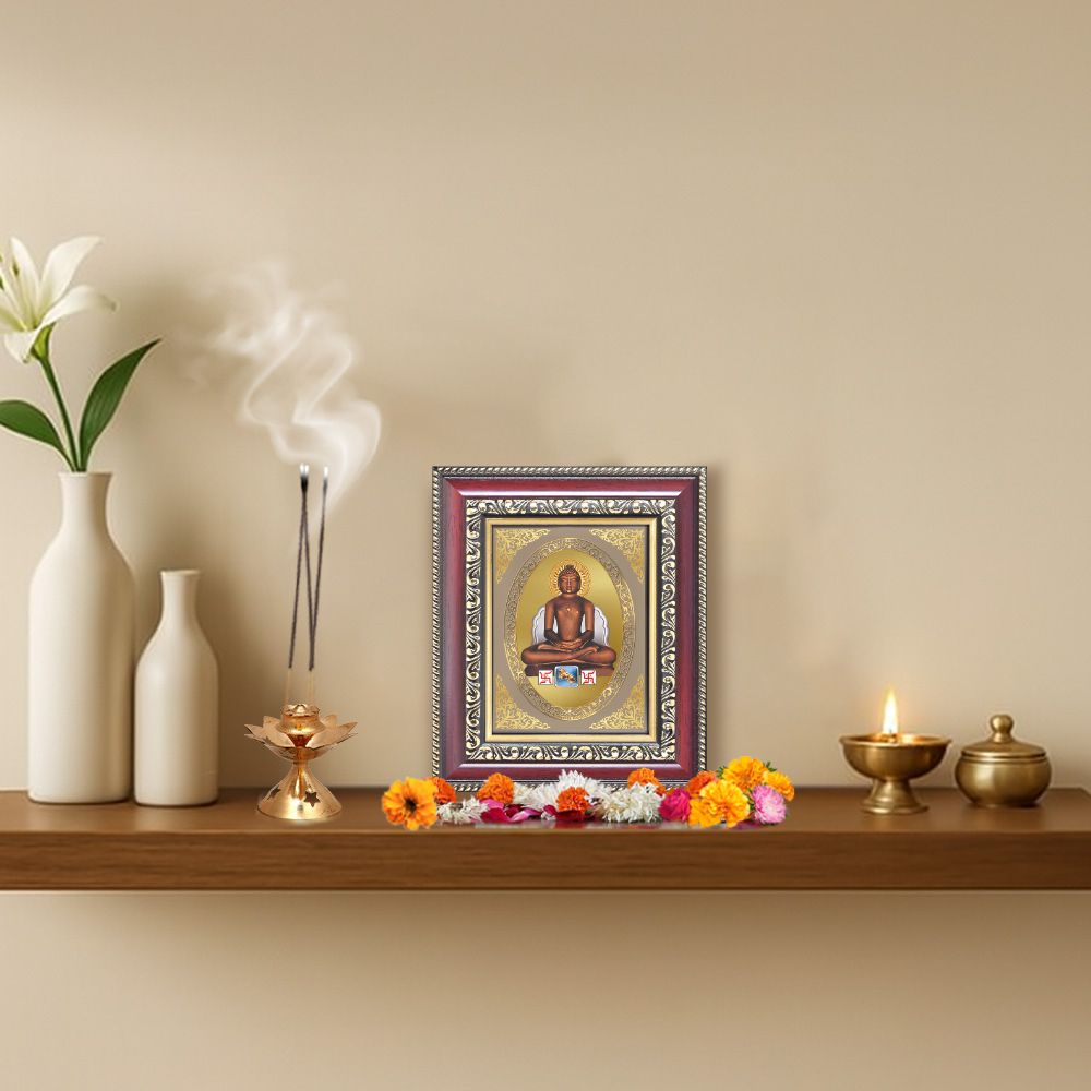 Lord Mahavir Jain Tirthankara Divine Ahimsa & Enlightenment Royal Tabletop Frame in 24K Gold Plated Foil