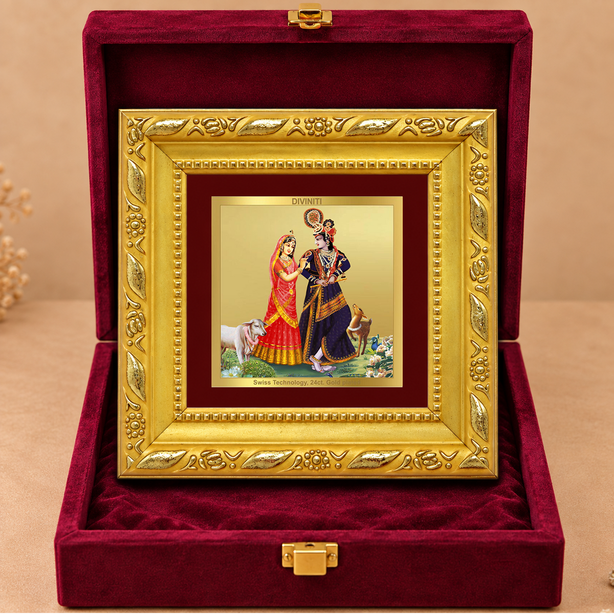 24K Gold-Plated Radha Krishna with Cow Frame | Premium Gift Box | 10x10 CM