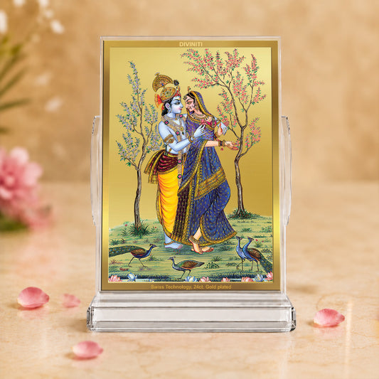 24K Gold-Plated Radha Krishna with Peacock Acrylic Car Dashboard Frame | 11x7 CM